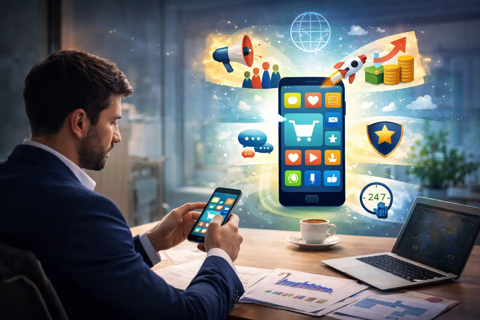 Man using mobile app in office showing business growth and digital transformation.