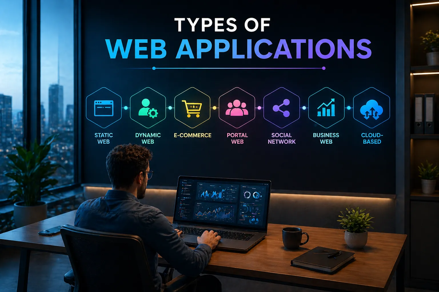 Man working on laptop with infographic showing types of web applications for business in Hyderabad including e-commerce, dynamic apps, and cloud-based solutions