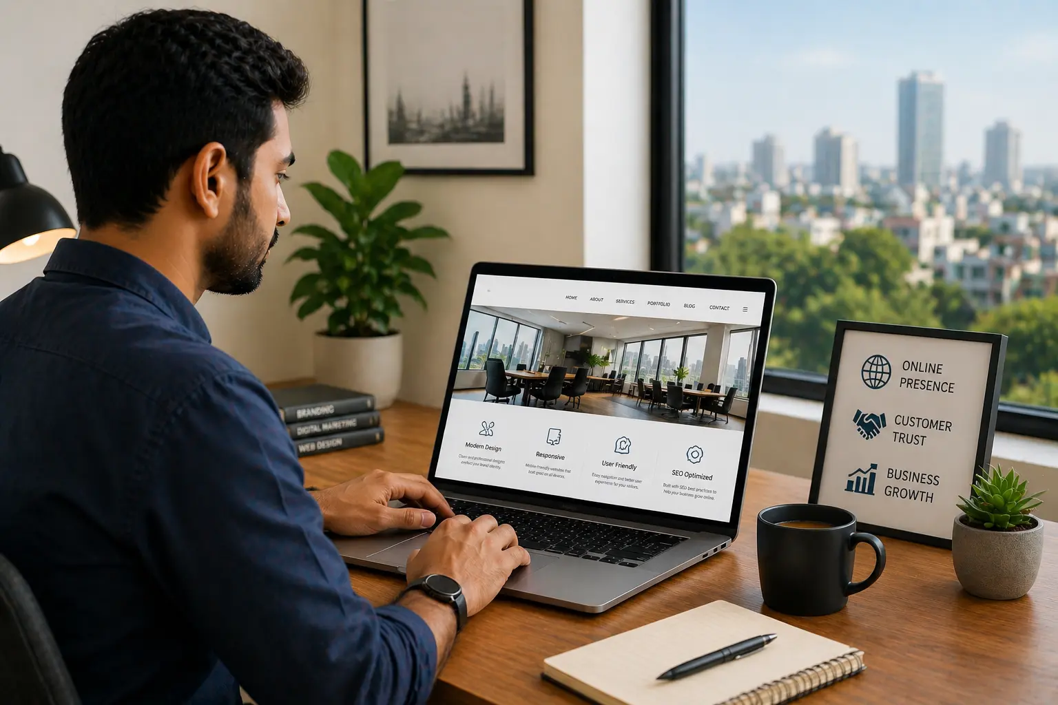 business owner working on website in modern office Hyderabad digital presence