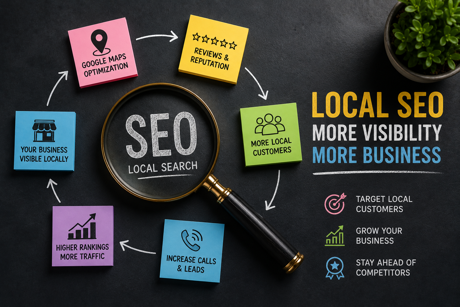 Local SEO strategy illustration showing Google Business Profile optimization, local search visibility, and business growth for Hyderabad businesses.
