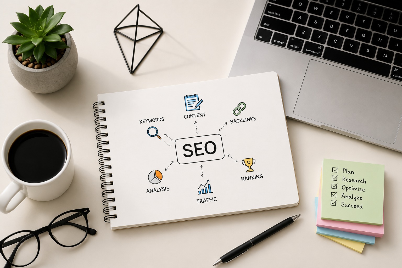 Beginner's SEO guide illustration showing the SEO process, keyword research, content optimization, backlink strategy, and search engine ranking concepts.