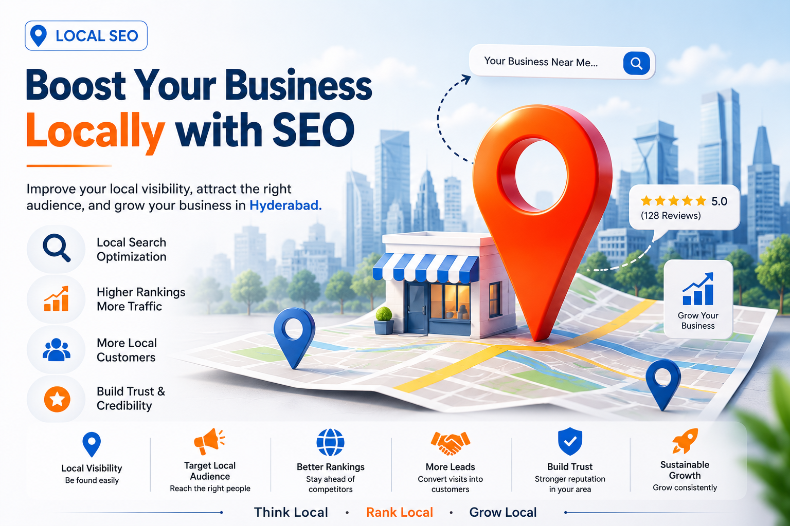 Illustration of local search optimization with a location pin, Google Business Profile, local rankings, customer reviews, and Google Maps SEO for businesses.