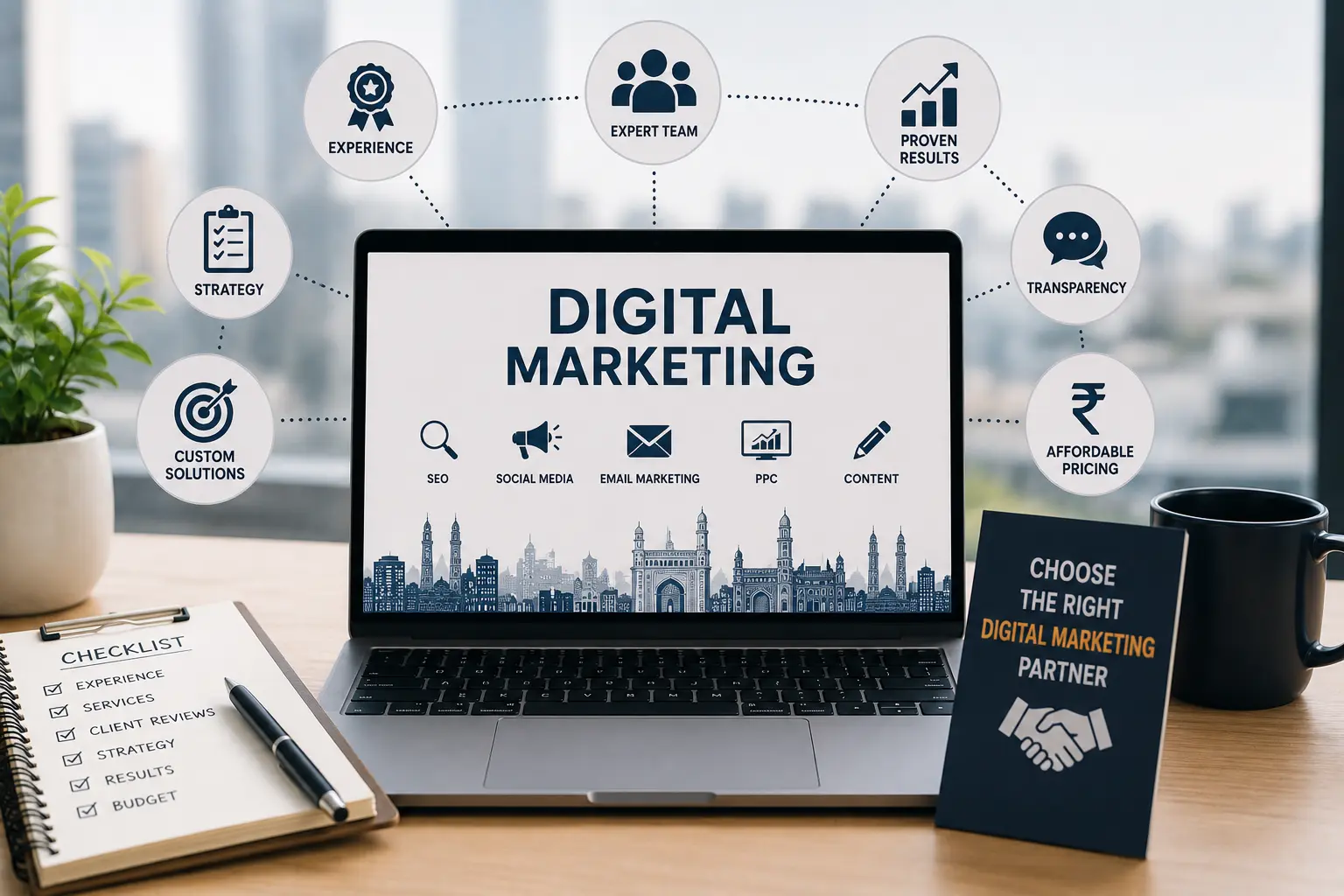 Professional digital marketing agency workspace showing SEO, PPC, social media, and online marketing strategy in Hyderabad