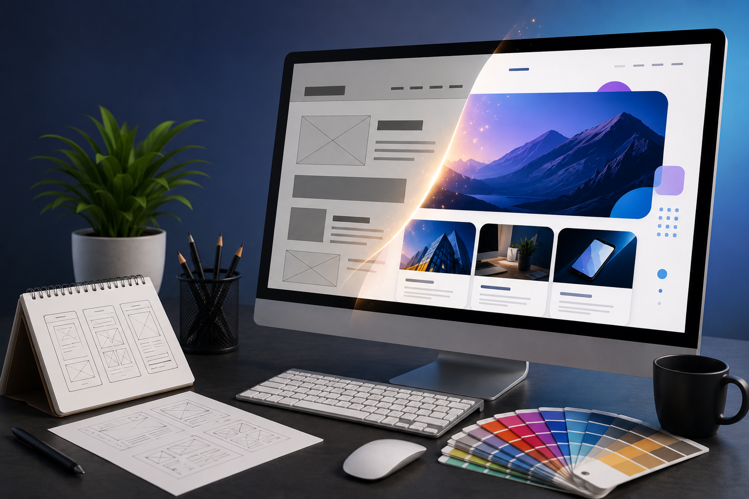 Modern workspace showing the website redesign process with wireframes, UI design mockups, and a responsive website displayed on a desktop monitor.