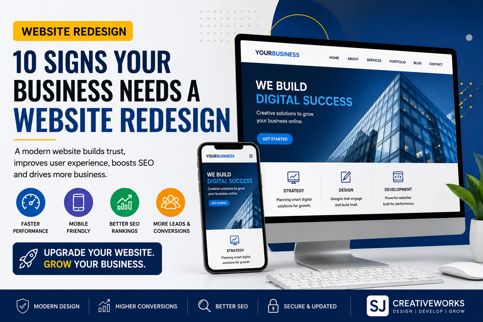 Modern website redesign services in Hyderabad by SJ CreativeWorks showcasing responsive web design, improved SEO, faster performance, and higher business conversions.
