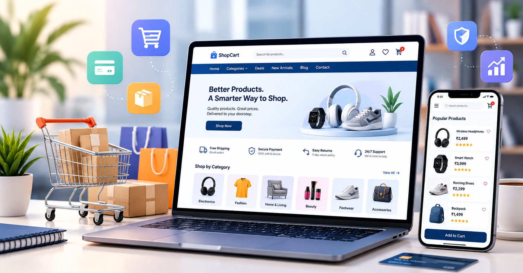 Professional E-Commerce Website Development Company in Hyderabad displaying a mobile-friendly online store with shopping cart, product catalog, and scalable e-commerce website development services.